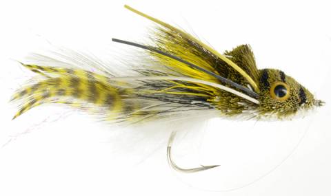 Umpqua Swimming Frog fishing lure featuring realistic frog design with yellow and black striped feathers, detailed eyes, and a sharp fishing hook for musky and fly fishing.