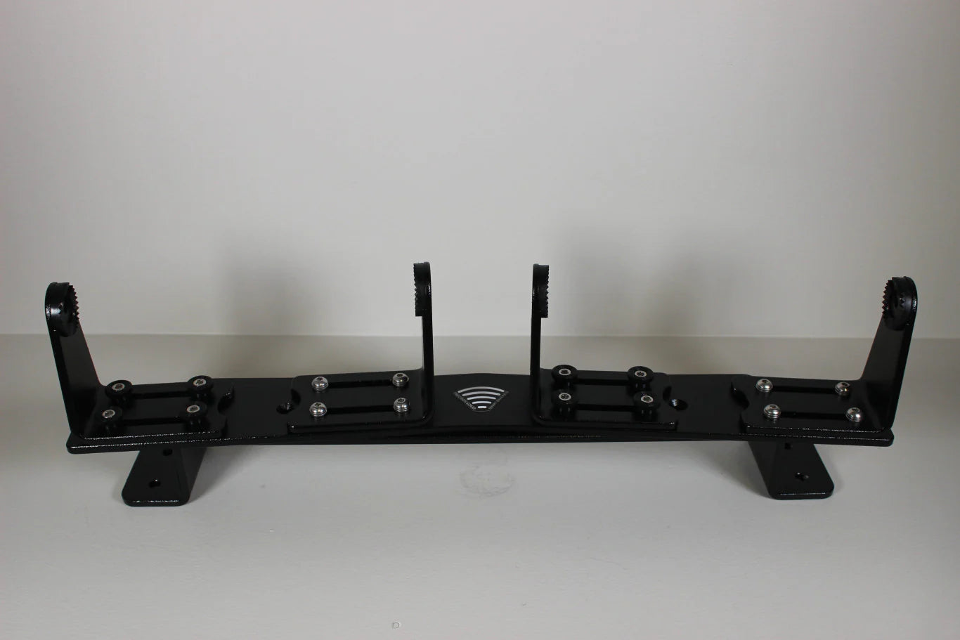 Precision Sonar Side by Side Mount Lrg SKU:sxs-bmsb-l, a black metal mounting bracket with adjustable clamps designed for secure installation of marine electronics or fishing tackle equipment.