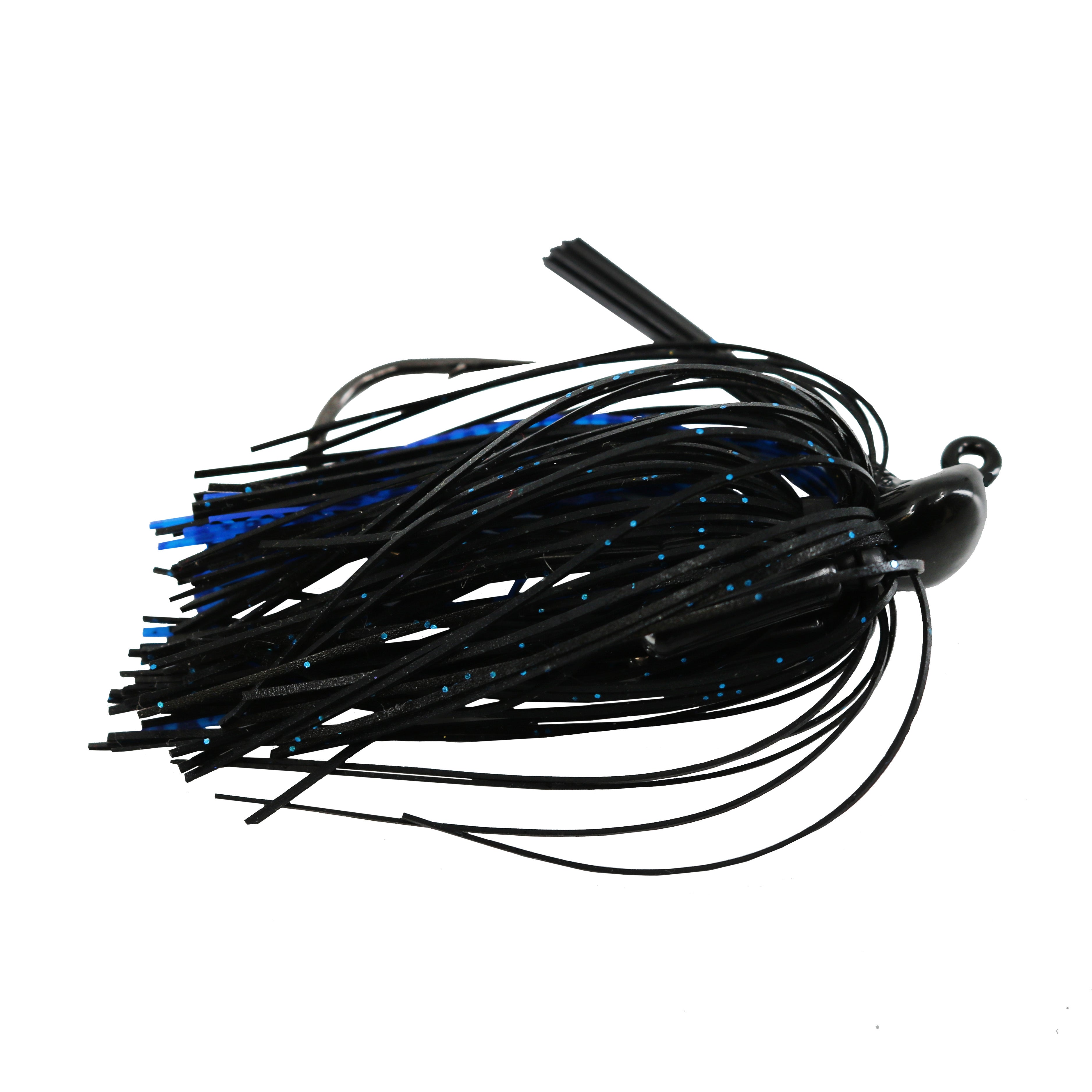 BassTEK Tungsten Flipping Jig featuring a black and blue skirt with glitter accents, designed for flipping and pitching in fishing tackle applications.