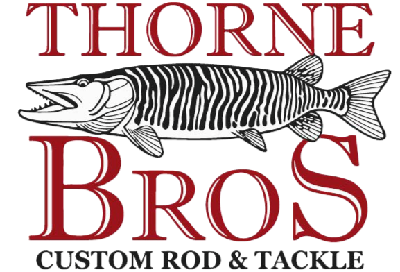 Thorne Bros logo featuring a detailed illustration of a musky fish above the company name in bold red letters, representing custom fishing rods and tackle.