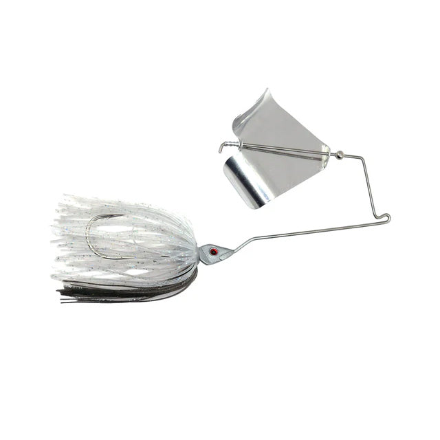 Epic Baits Slow Roll'r Buzzbait lure with silver metallic spinner blade and white skirted body designed for fishing tackle and musky fishing.