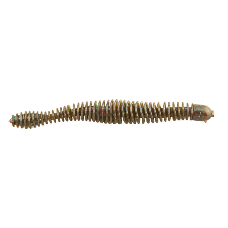 Soft plastic segmented brown fishing lure with subtle blue and red flecks designed for freshwater fishing, identified as Big Bite Baits Russ Lane Coontail Worm.