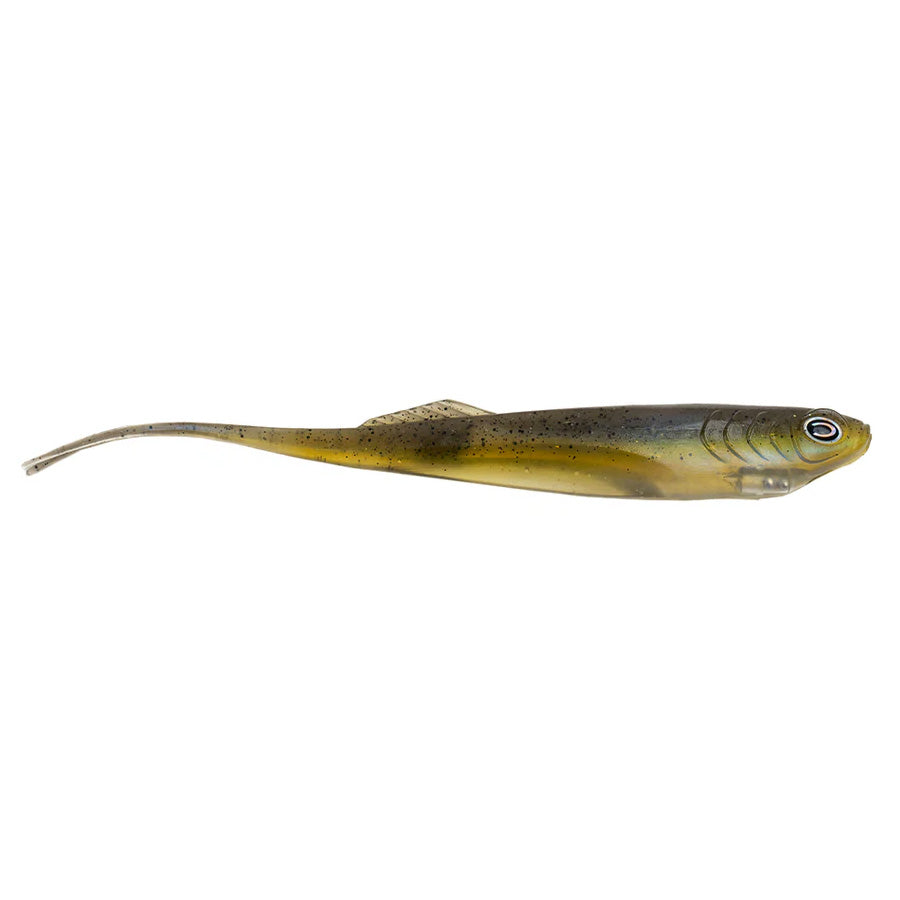 Soft plastic fishing lure designed to mimic a small baitfish, featuring an olive-green and yellow coloration, used with the CAST Fishing Echo 7.2" fishing rod.