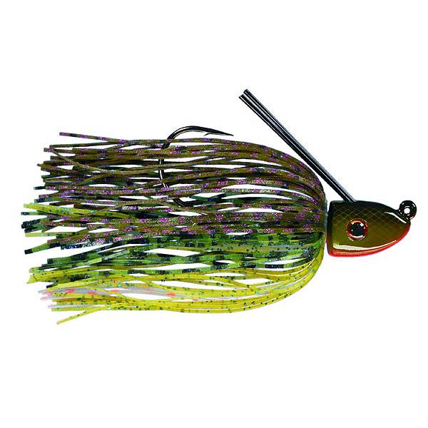 Strike King Tour Grade Swim Jig featuring a detailed fish-head design with a weed guard, multicolored skirt in green, yellow, and purple tones, used for fishing tackle.