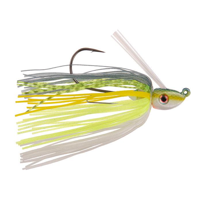 Strike King Tour Grade Swim Jig with a detailed fish-like head, large eye, and multi-colored silicone skirt in chartreuse, white, gray, and yellow, designed for fishing tackle.