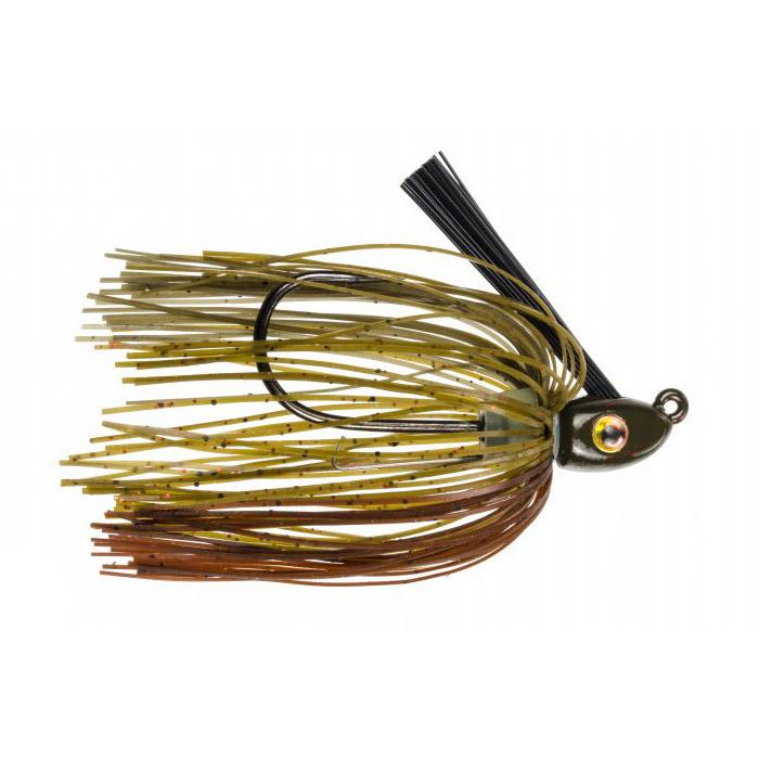 Strike King Tour Grade Swim Jig in green pumpkin and brown hues, featuring a weighted head, weed guard, and silicone skirt for effective fishing tackle use.
