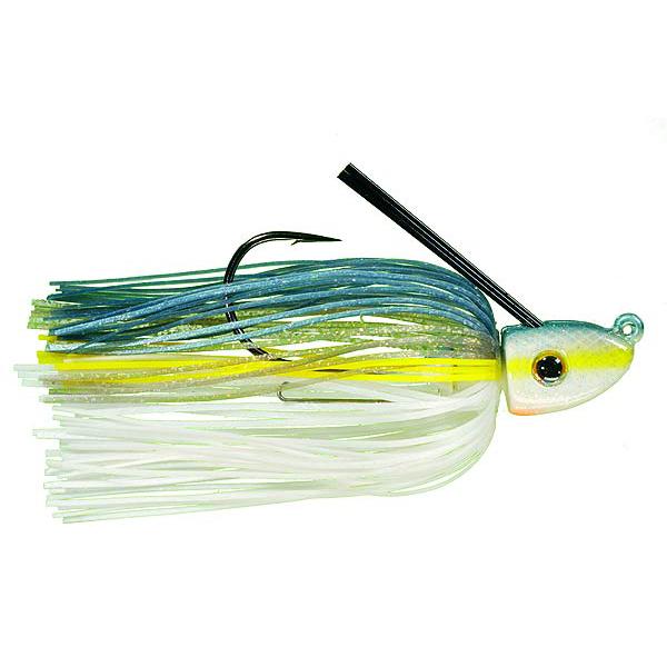 Strike King Tour Grade Swim Jig fishing lure with a weighted head in green, yellow, and white tones, featuring a sharp hook, weed guard, and multi-colored skirt for realistic movement.