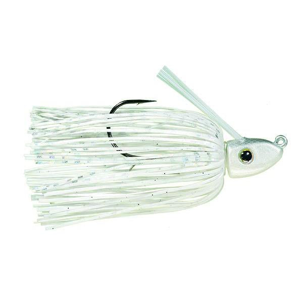 Strike King Tour Grade Swim Jig in white with a silver head, featuring a single sharp hook and a skirted body designed for fishing tackle and bass fishing lure applications.