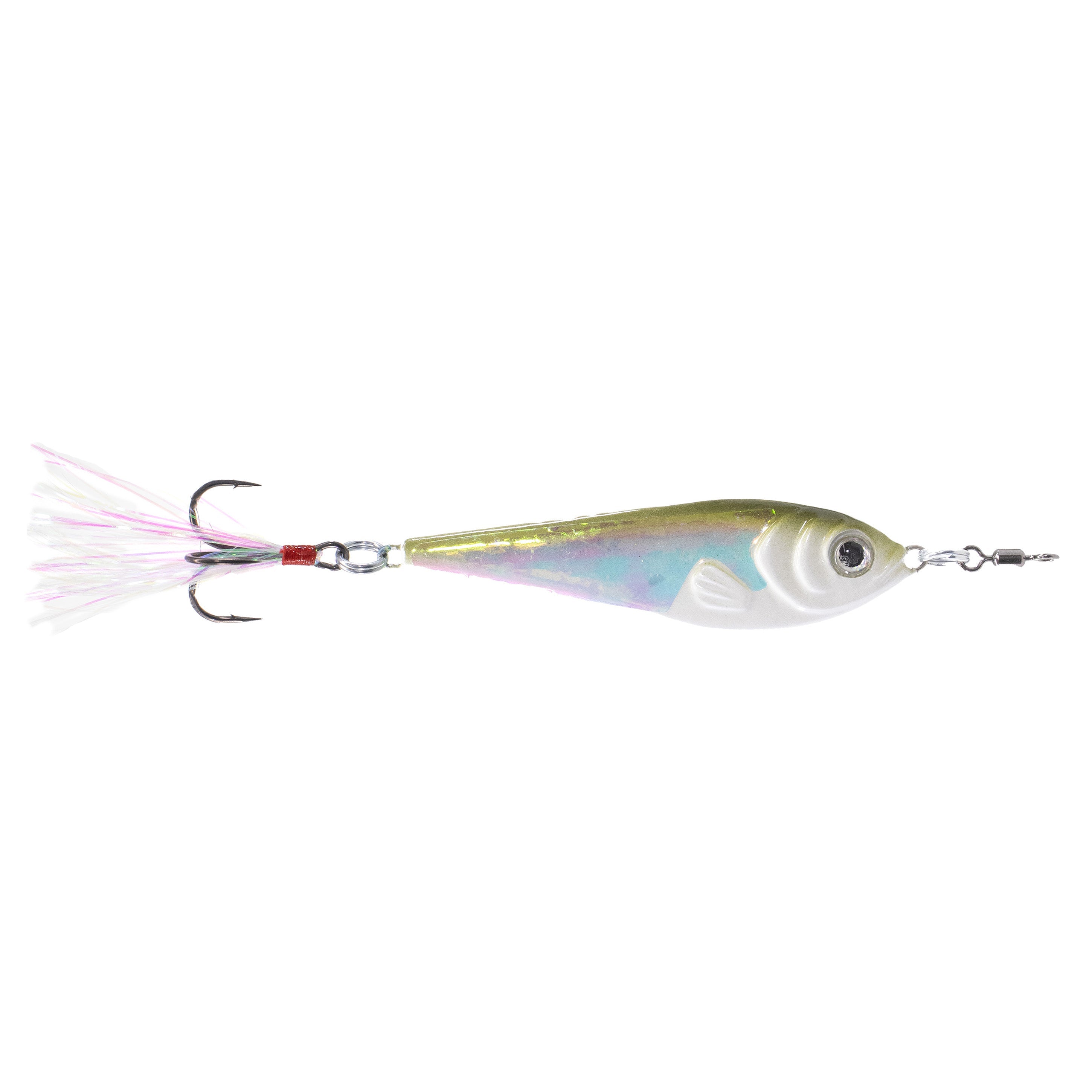 Nichols Lures Duh Spoon fishing lure with a shiny, iridescent fish-shaped body, realistic eyes, and a treble hook adorned with white and pink feather accents.
