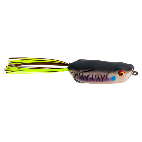 A detailed close-up of the Toad Thumper Swamper Walkin' Frog fishing lure featuring a dark green and purple body with red eyes and vibrant yellow and brown skirted tail, designed for musky fishing tackle.