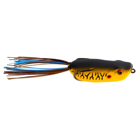 Toad Thumper Swamper Walkin' Frog fishing lure in yellow and black with blue and brown skirted tail, designed for musky fishing and walking action on water surface.