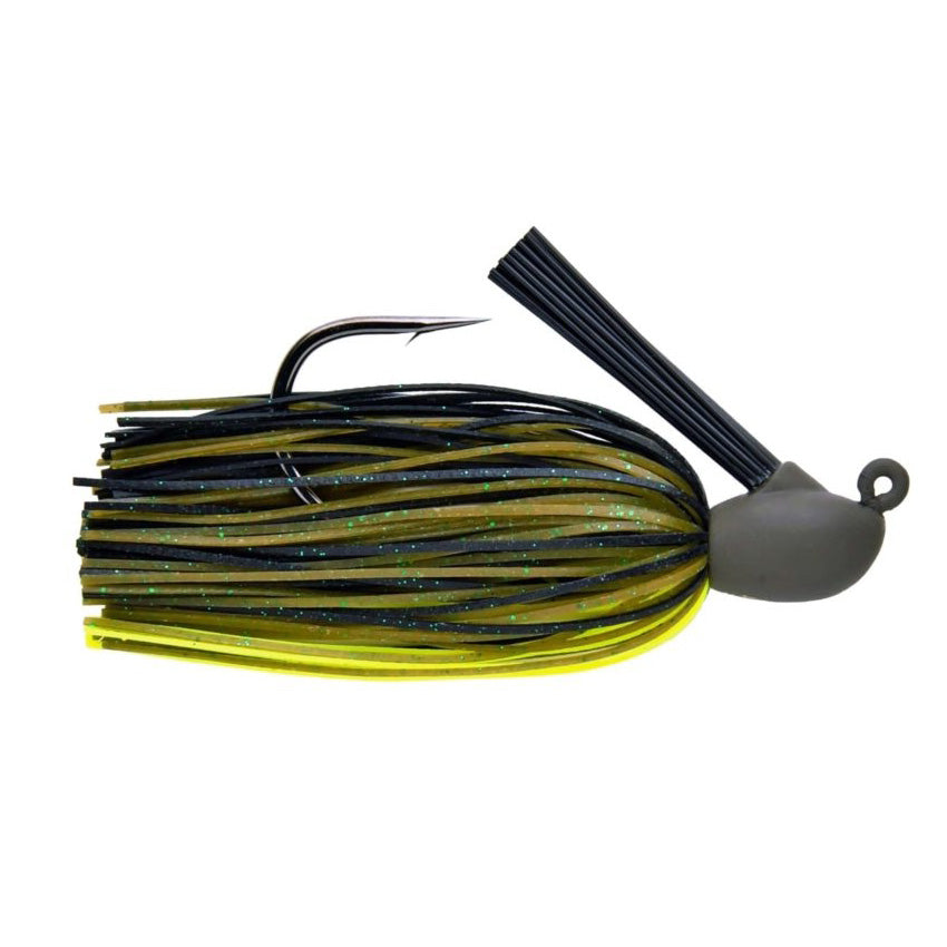 Keitech Model IV Heavy Duty Jig fishing lure with a sturdy hook, olive green and black skirt with yellow accents, and a weed guard for freshwater fishing.