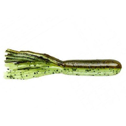 Yum 4" Tube soft plastic fishing lure in green with black speckles, designed to imitate a small aquatic creature for effective fishing tackle.