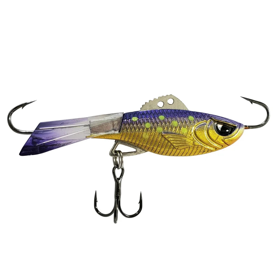 Acme Hyper Rattle fishing lure with a purple and gold fish design two single hooks and a treble hook for musky fishing tackle