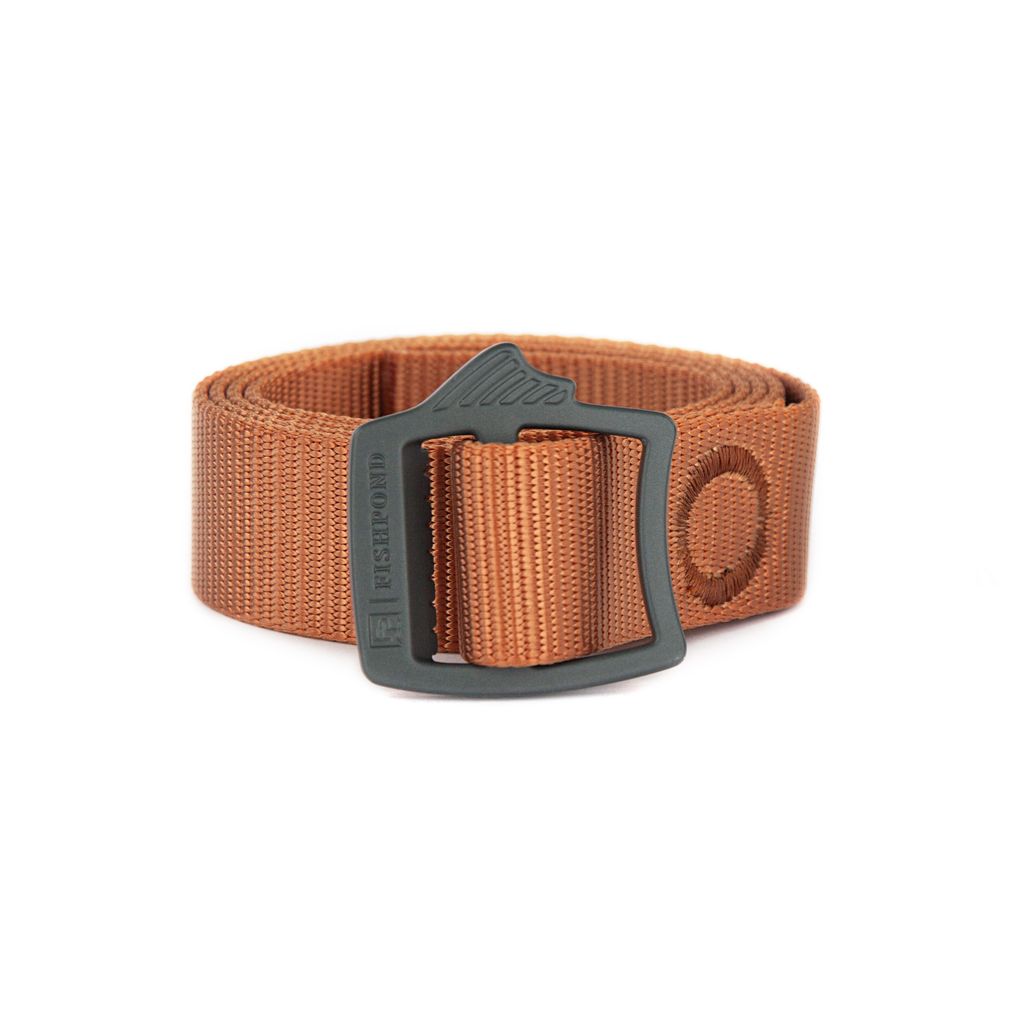 Fishpond Webbing Belt in brown durable webbing with a black buckle, designed for secure and adjustable fit, suitable for outdoor and fishing activities.