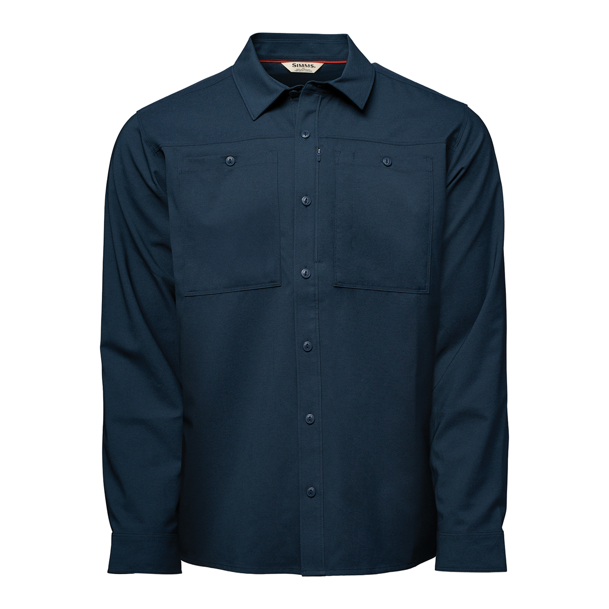 Simms Launch LS Shirt - Men's in navy with long sleeves a button front collared design and two chest pockets shown against a white background