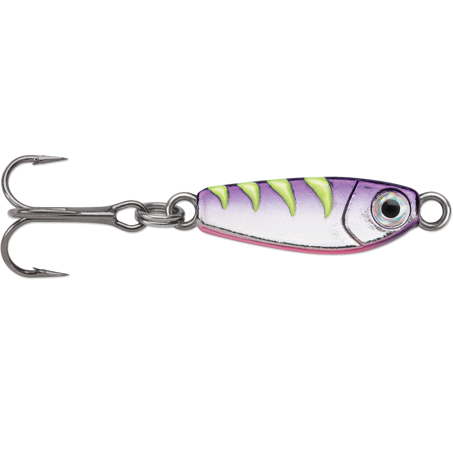VMC Bull Spoon fishing lure with a purple and green striped fish-like body and a sharp treble hook designed for effective musky and other sport fishing.
