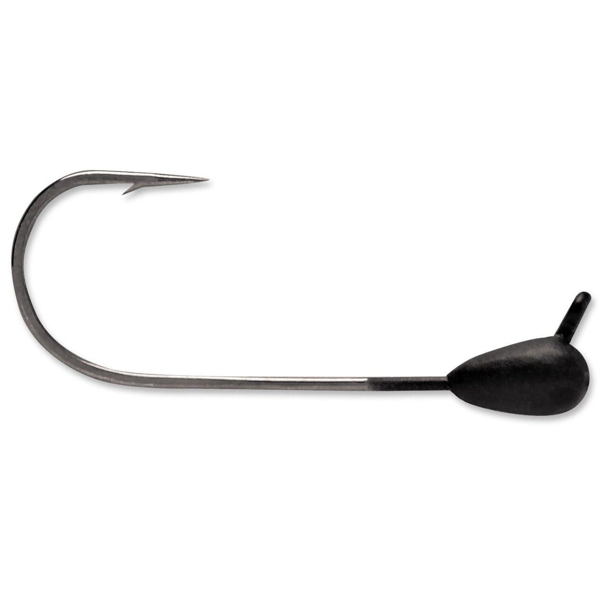 Close-up of a VMC Dominator Tube Jig featuring a sharp curved hook with a black weighted head designed for effective fishing tackle use in musky and bass fishing.