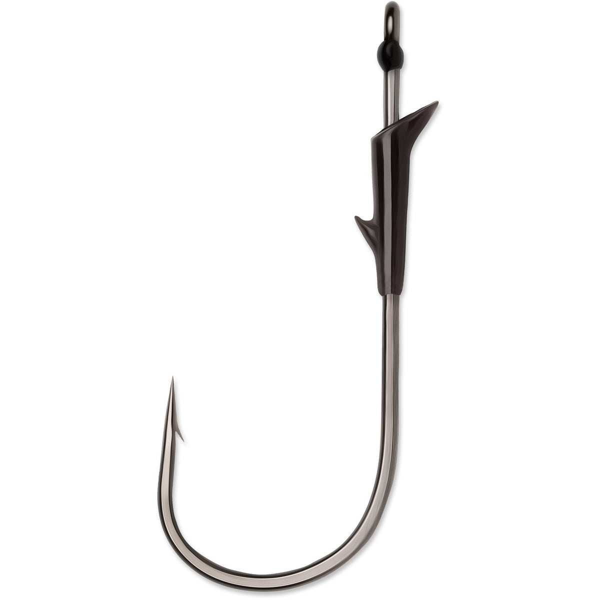 Close-up of a single VMC Flippin Hook with a sharp black nickel finish, featuring a wide gap and a molded black keeper designed for secure fishing tackle attachment.