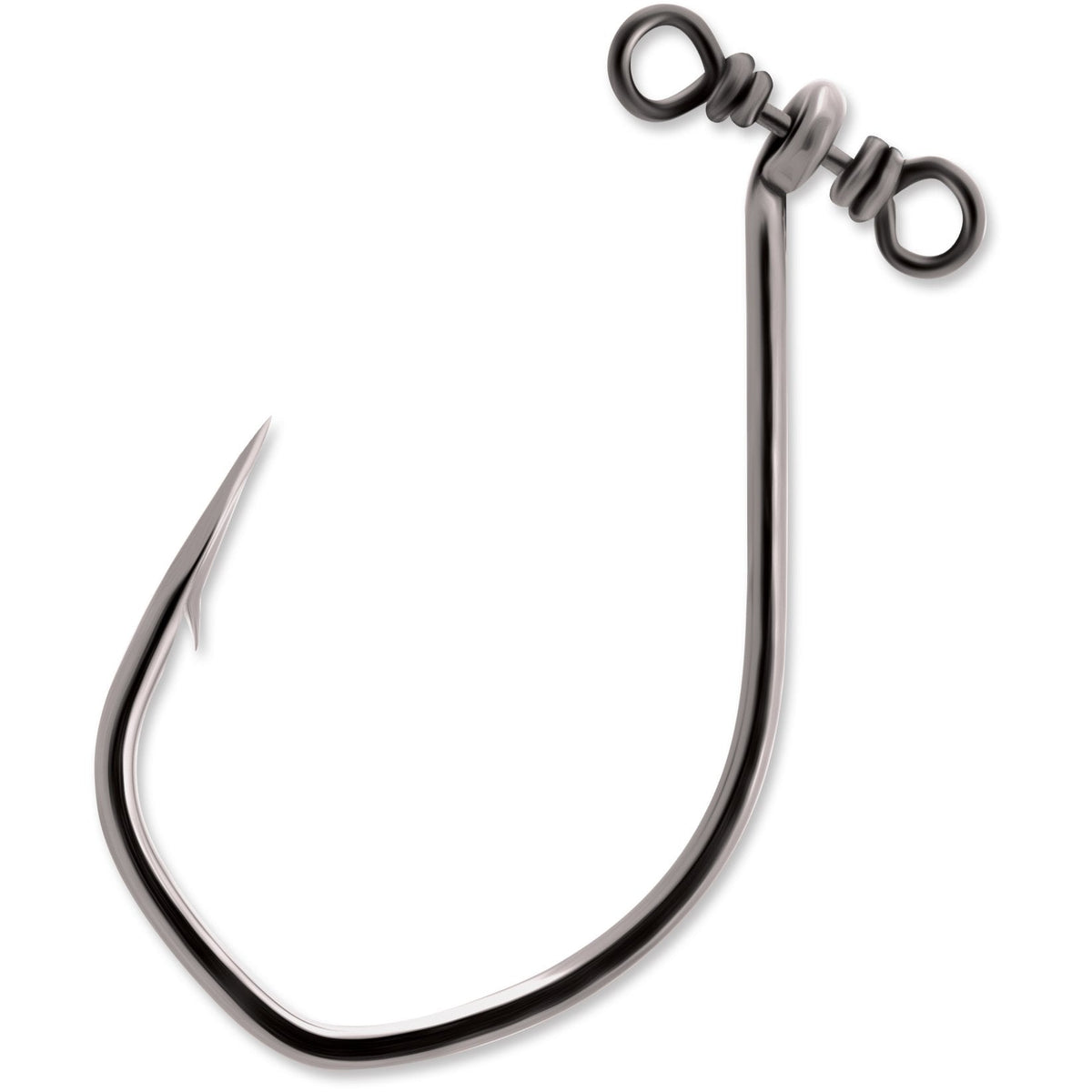 Close-up of a single VMC Spinshot Drop Shot Hook in black nickel finish, featuring a sharp curved point and dual swivel rings designed for fishing tackle applications.