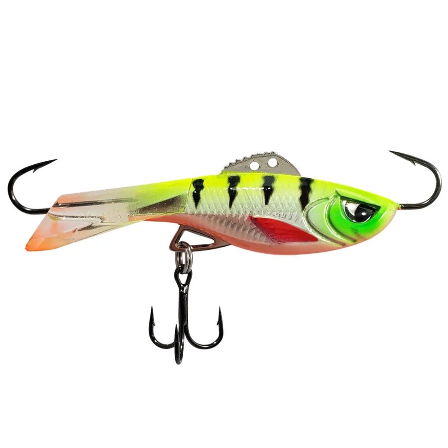 Acme Hyper Rattle fishing lure with a bright green and yellow body red belly realistic eye and treble hook for freshwater fishing tackle
