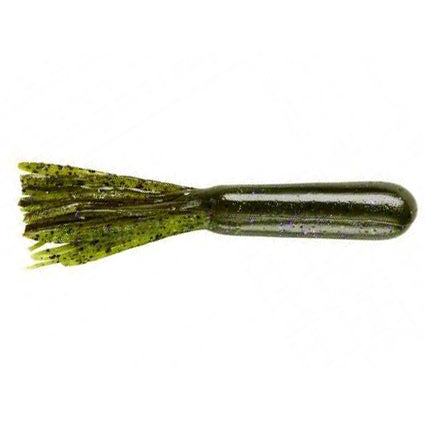 Yum 4" Tube soft fishing lure in a green and black speckled color, designed to mimic natural bait with a segmented, fringed tail for effective fishing tackle use.