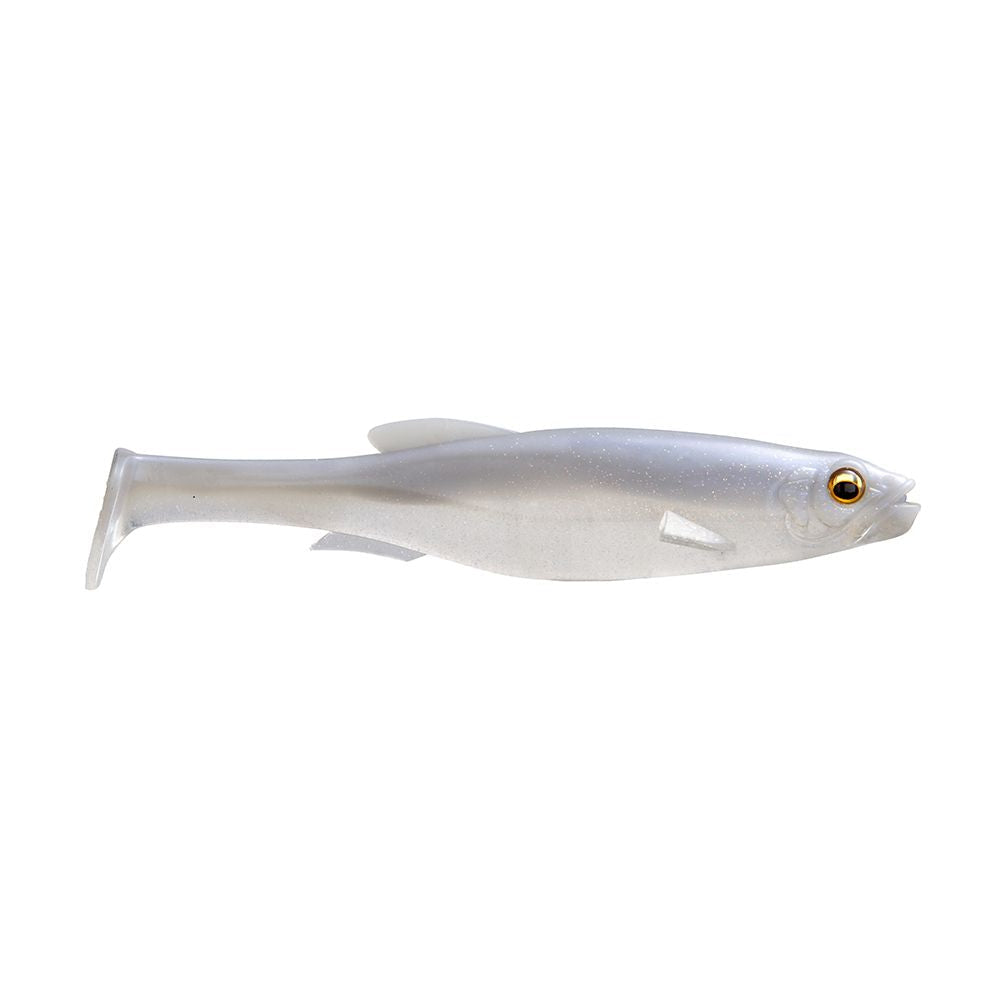 Megabass Magdraft 5" Freestyle soft fishing lure in translucent pearl color with a lifelike fish shape and detailed eye, designed for freshwater and musky fishing tackle.