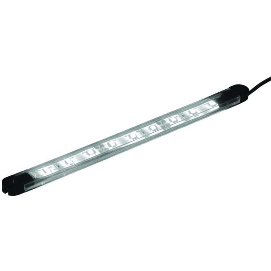 TH Marine LED 12" White Light Strips PN:LED-33271-DT-H showing a slim, clear casing with bright white LED lights inside and a power cord attached for marine electronics and fishing tackle illumination.