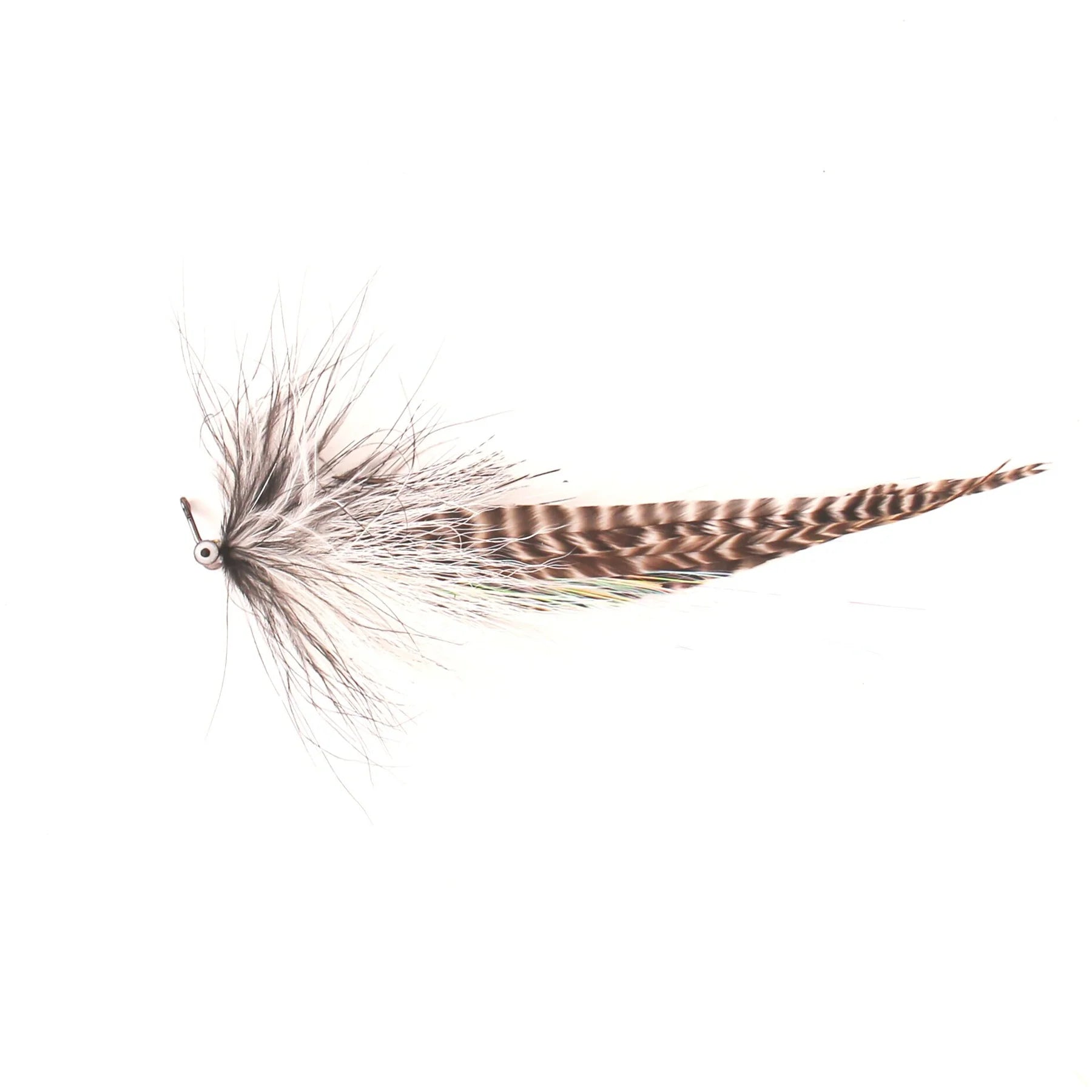 Single River Pig Urban Fly Co. fishing lure featuring natural brown and white feathers with detailed patterning, designed for use with fishing tackle.
