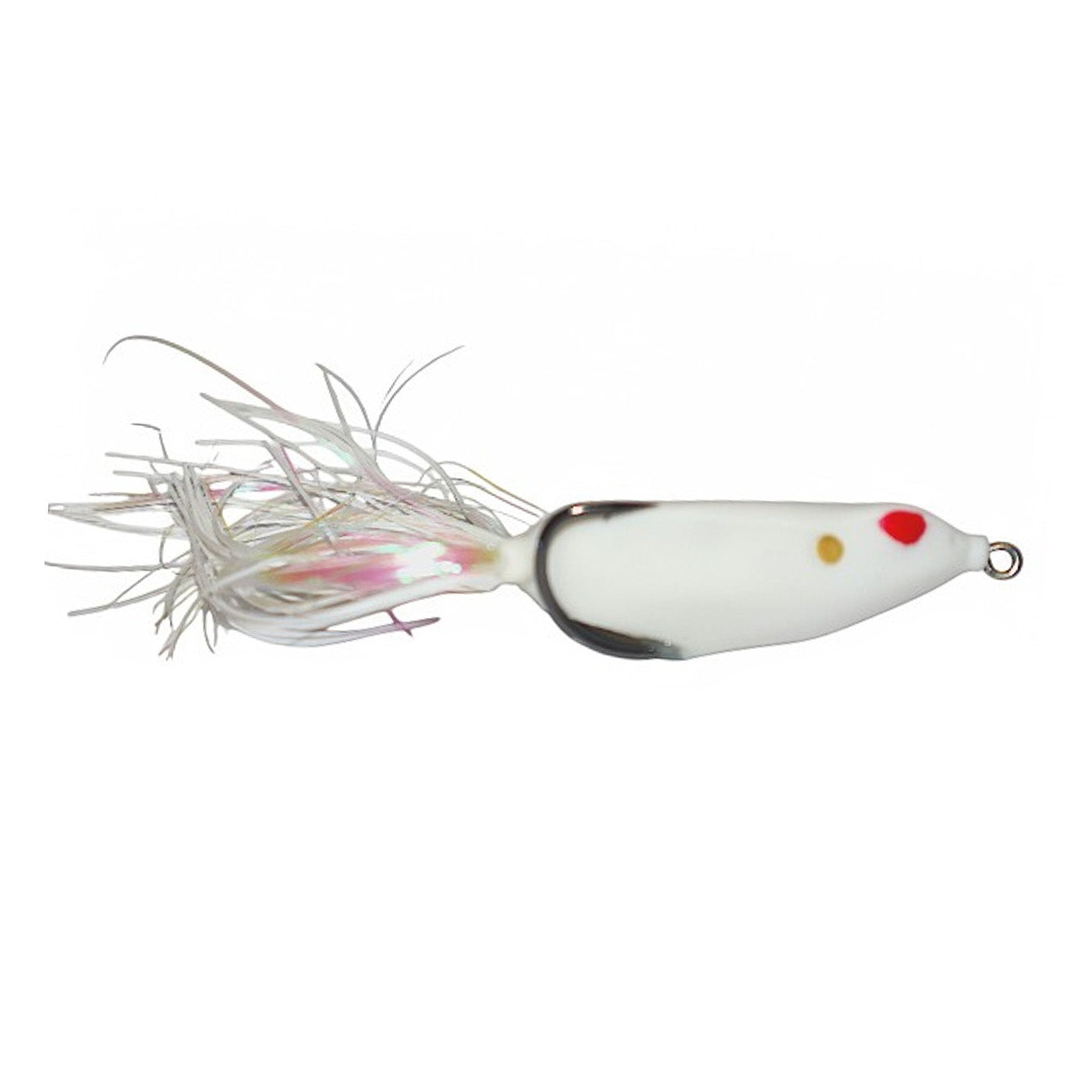 Gambler Lures Walking Frog fishing lure in white with red and gold accents, featuring a detailed skirted tail designed for attracting fish in freshwater environments.