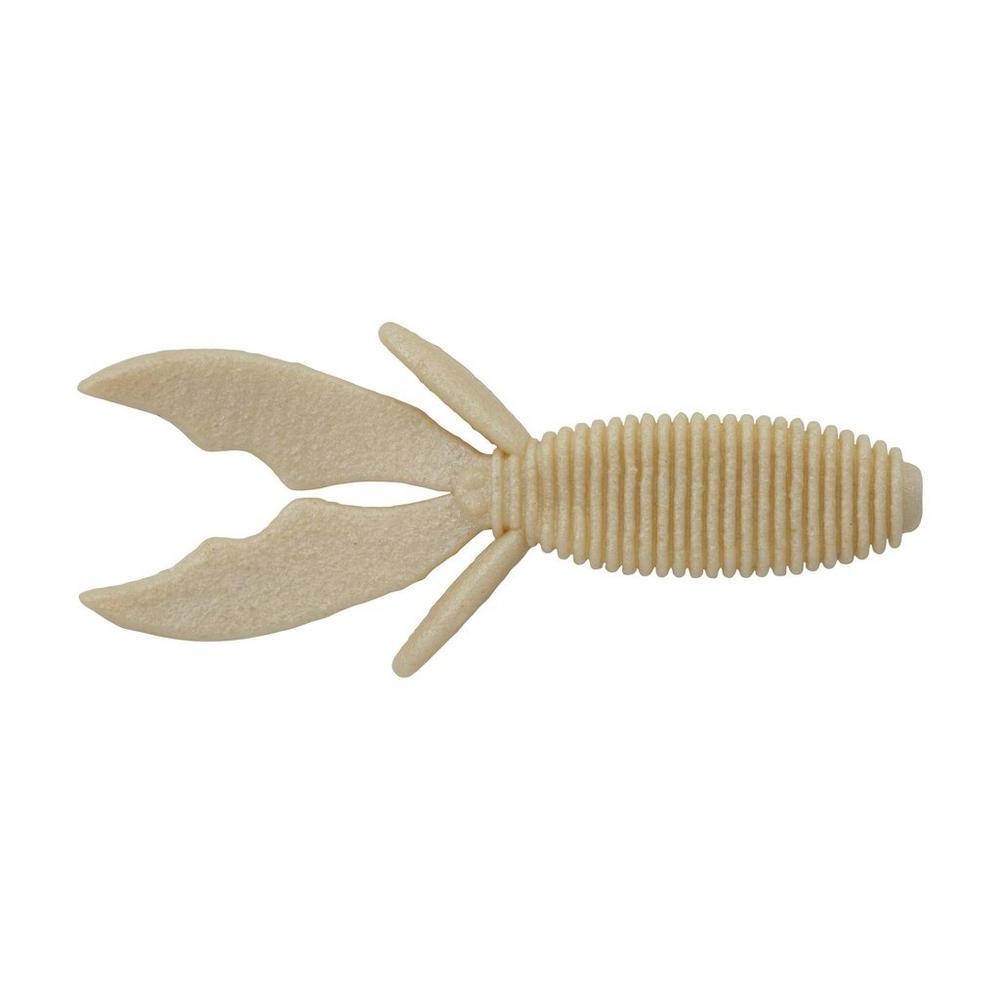 Berkley PowerBait MaxScent Creature Hawg fishing lure in white pearl color with ribbed body and paddle tail designed for musky and other freshwater fishing.