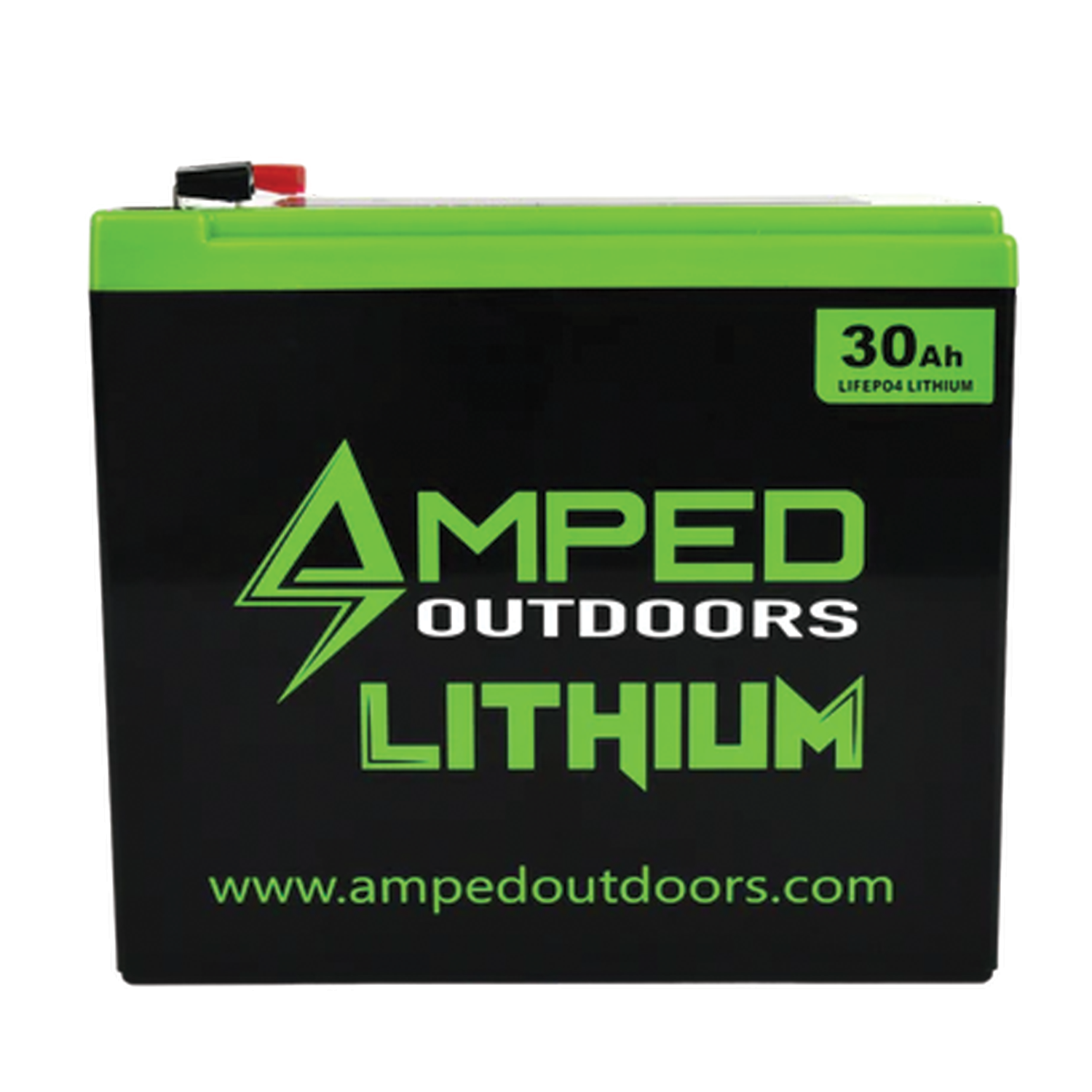 Amped Outdoors (LiFePO4) Lithium Batteries - Battery Only with black and green casing, labeled 30Ah LiFePO4, designed for outdoor and marine electronics power solutions.