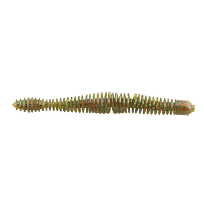 Big Bite Baits Russ Lane Coontail Worm soft plastic fishing lure in green with red flakes, ribbed body and tapered tail for effective musky fishing tackle.