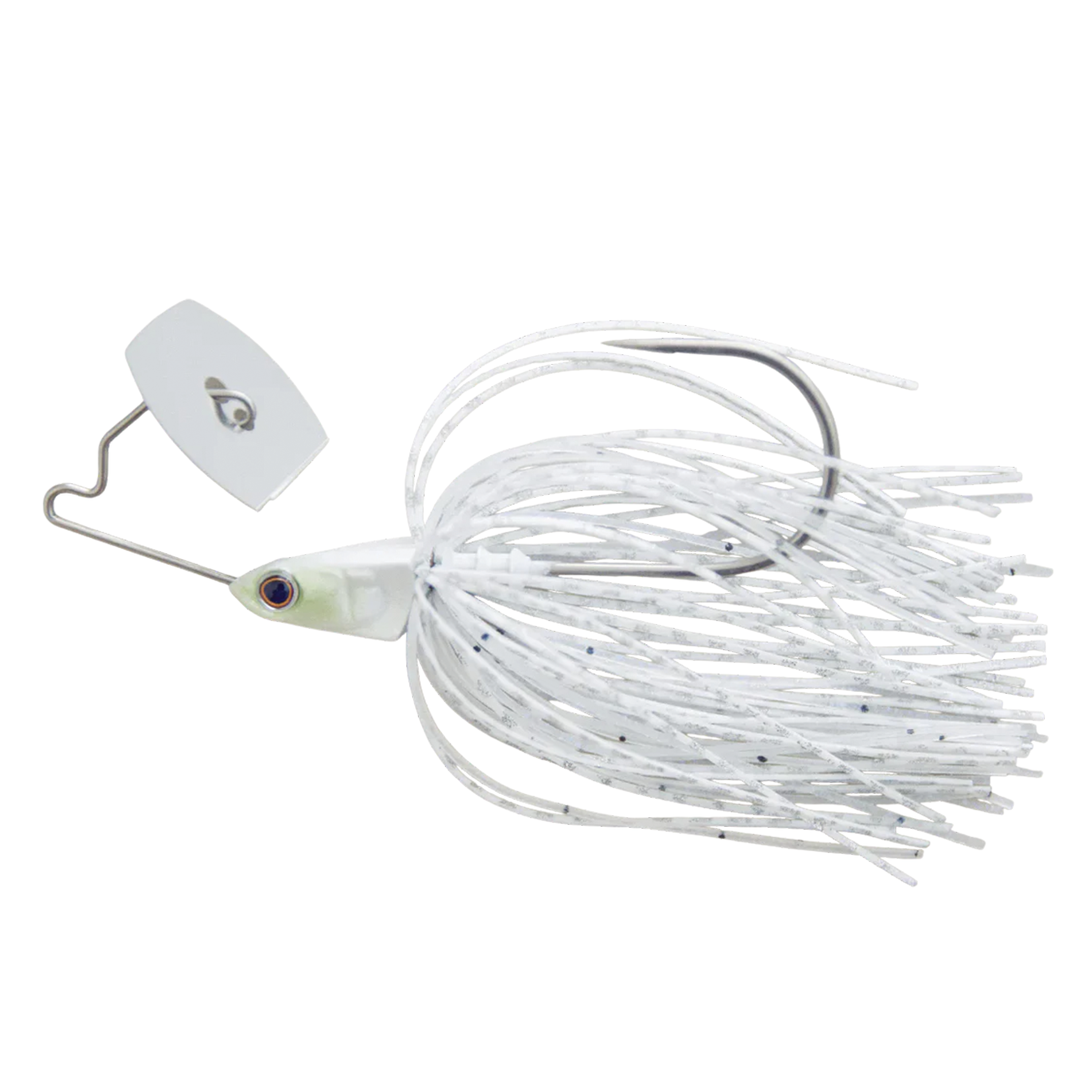 Bass Puzzle Grass Piece fishing lure with white and silver skirt, realistic fish eye, and a unique metal blade for attracting bass in freshwater fishing.