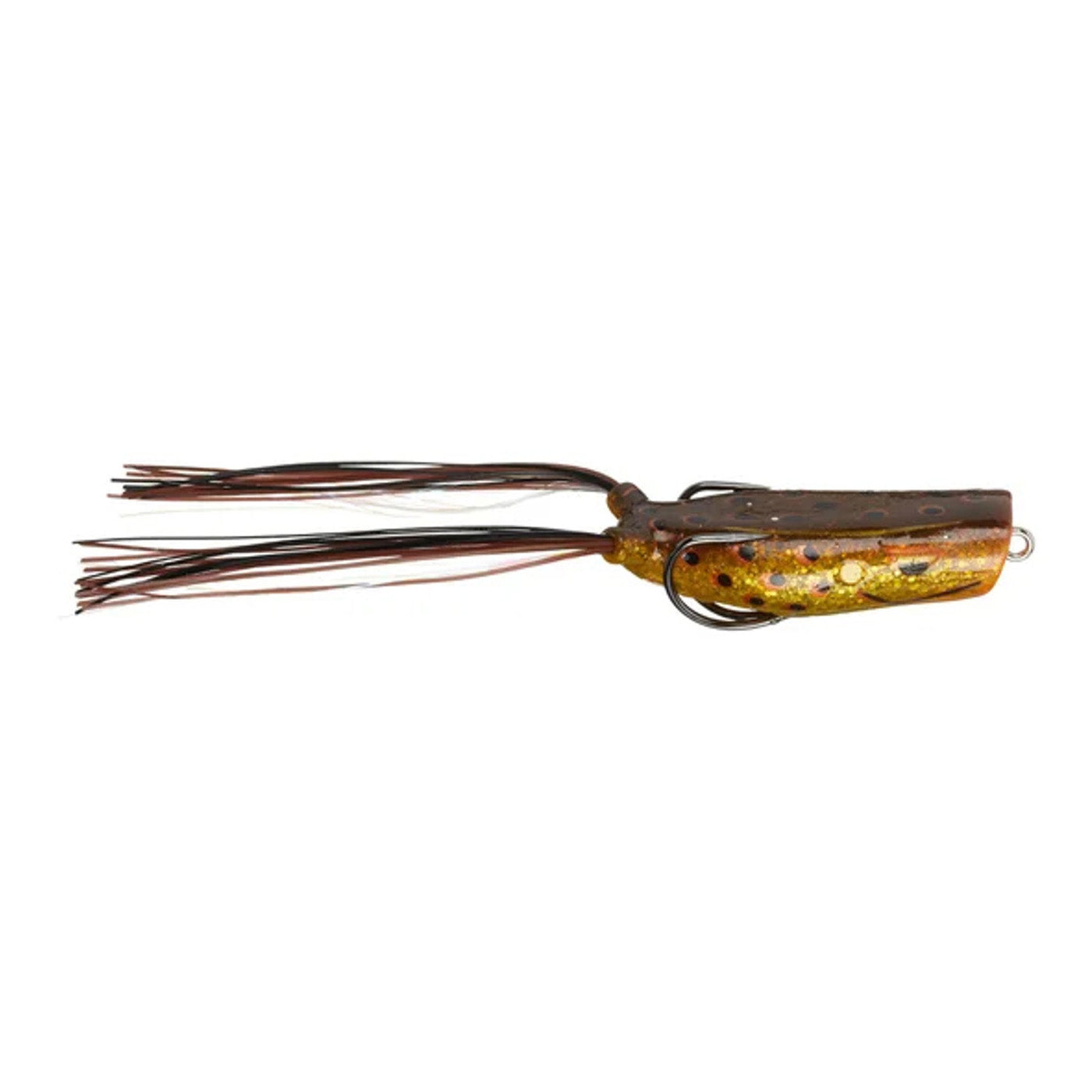 Gambler Lures Popping Frog fishing lure in yellow and brown tones with detailed spots, designed to mimic a frog with soft, flexible legs for realistic movement in water.