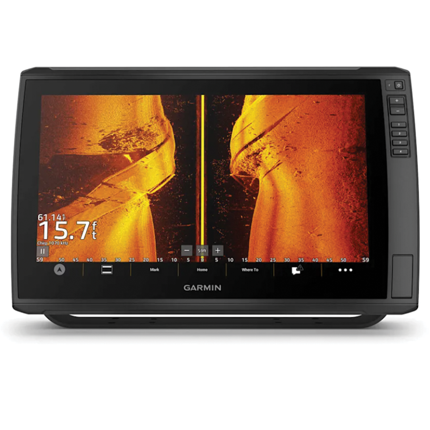 Garmin EchoMap 166SV UHD2 (With Transducer) marine electronics device displaying detailed underwater sonar imaging on a touchscreen monitor.