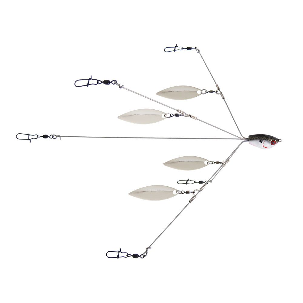 Yum Yumbrella Flash Mob Jr. Umbrella Rig with multiple silver metal blades and wire arms attached to a small fish-shaped head for attracting fish in fishing tackle setups.