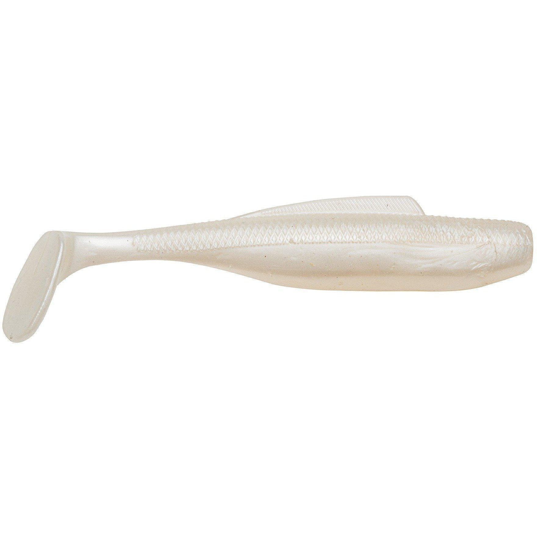 Z-Man DieZel MinnowZ softbait lure in pearl color designed for musky and ice fishing, featuring a paddle tail for lifelike swimming action.