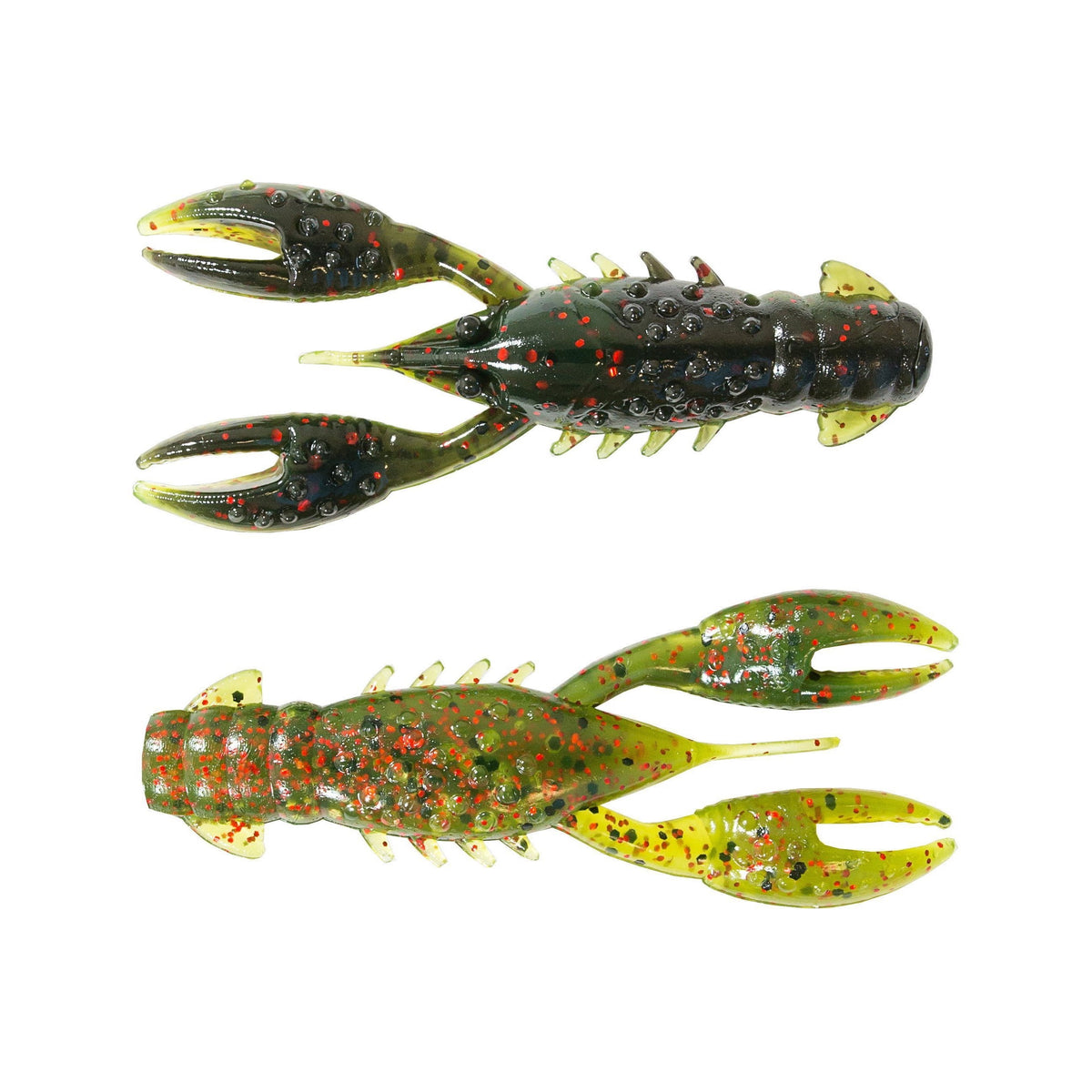 Two Z-Man TRD CrawZ softbaits in green and black with red flecks, designed to mimic crawfish for fishing tackle and lure use.