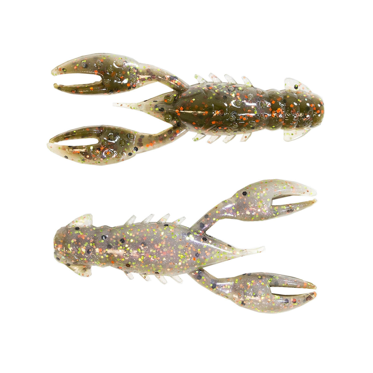 Two Z-Man TRD CrawZ soft plastic fishing lures in natural colors with glitter flecks, designed to imitate crawfish for effective fishing tackle use.