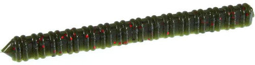 Zoom Bait Company Centipede soft plastic fishing lure in dark color with red flecks, designed for use as fishing tackle to attract muskies and other game fish.