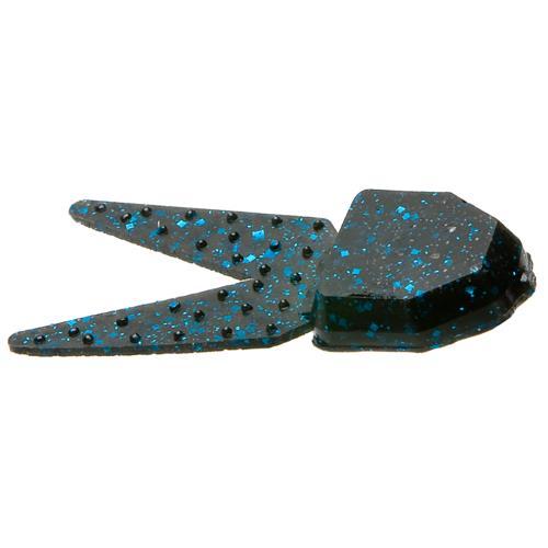 Zoom Small Salty Chunk Trailer, a fishing lure with a dark body featuring blue speckles and two pointed flexible appendages, designed for fishing tackle use.