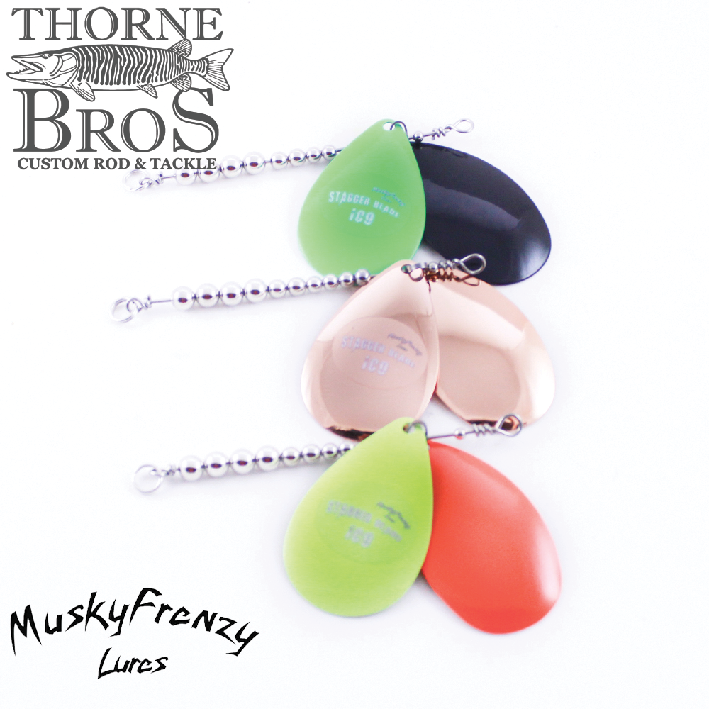 Musky Frenzy Blade Attachments featuring various colored fishing lure blades including green, black, copper, lime, and red, connected by silver bead chains designed for musky fishing tackle.