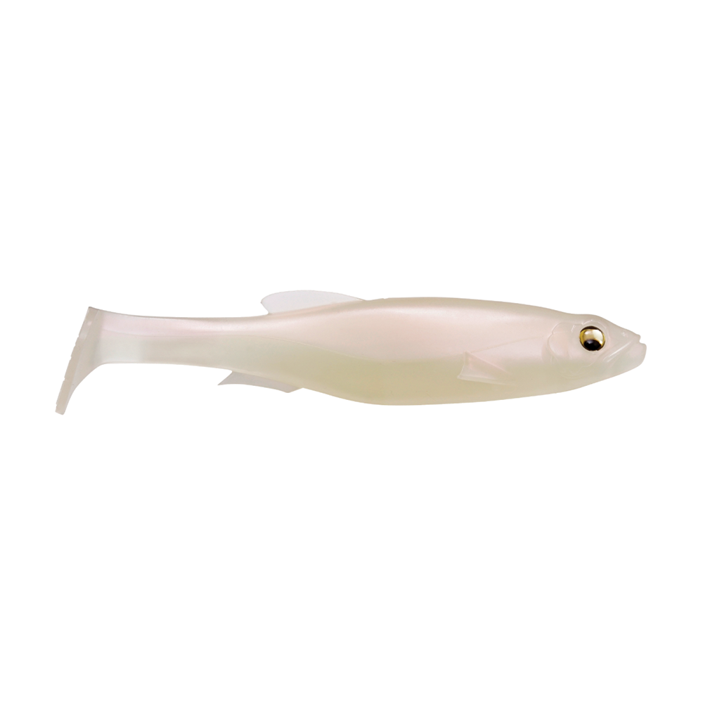 Megabass Magdraft 6" Freestyle fishing lure in translucent pearl color, designed to mimic a small baitfish with detailed eyes and a paddle tail for lifelike movement.