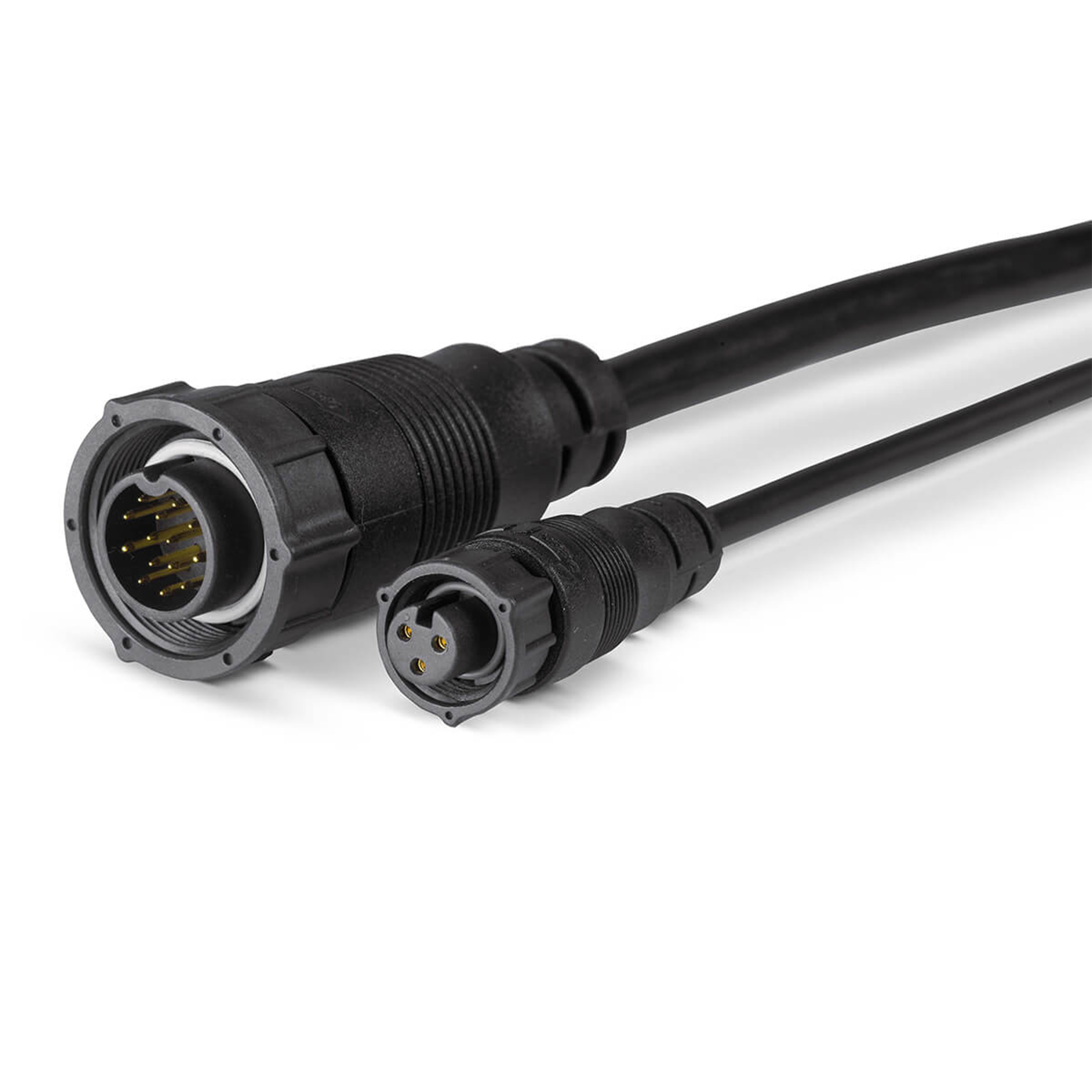 Humminbird MEGA 360 (No Mount) - 411580-1 connector cables showing black rugged waterproof circular connectors with multiple gold pins for marine electronics use.