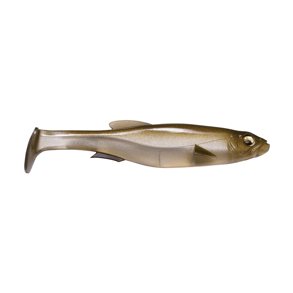 Megabass Magdraft 6" Freestyle soft fishing lure in olive green and translucent tan with detailed fins and a paddle tail for lifelike movement in the water.