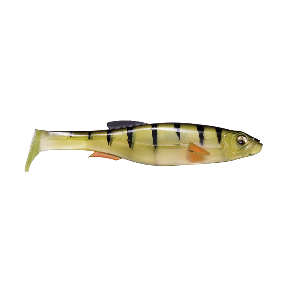 Megabass Magdraft 6" Freestyle fishing lure designed to imitate a small fish with realistic green and yellow coloring and black vertical stripes for effective fishing tackle use.