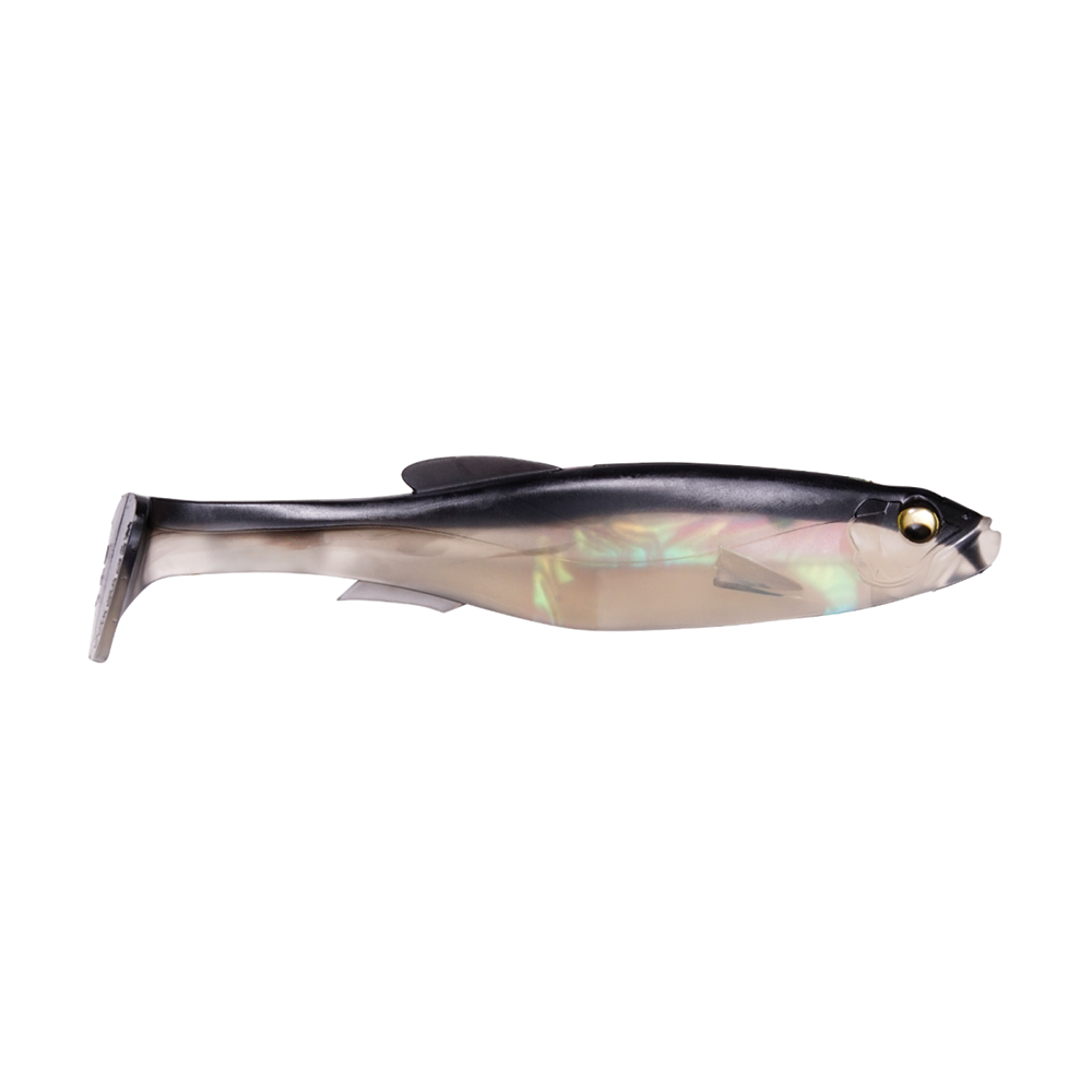 Megabass Magdraft 6" Freestyle fishing lure designed with a lifelike fish shape, featuring a dark back and translucent body with reflective accents for realistic water movement.