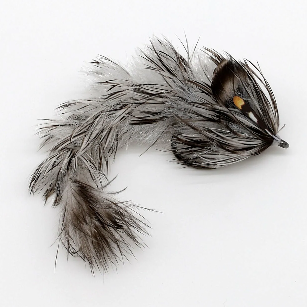 Chocklett's Feather Game Changer showing detailed gray and black feathers with a small hook, designed for use as a fishing lure in fishing tackle.