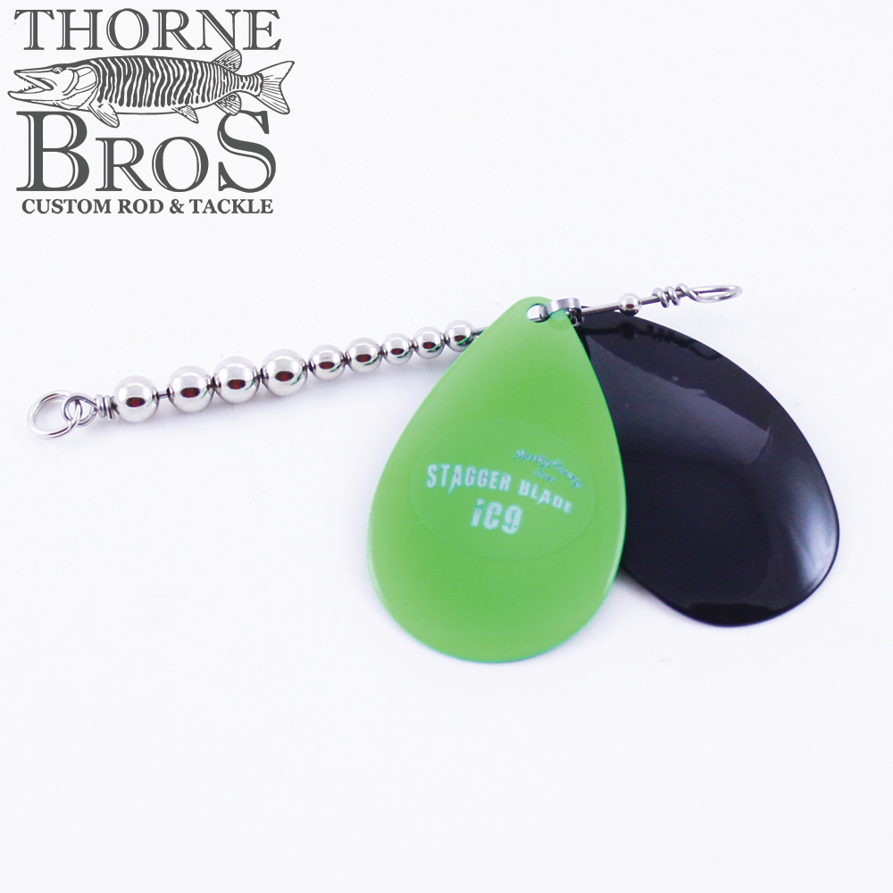 Musky Frenzy Blade Attachments showing a fishing lure component with green and black staggered blades connected to a silver beaded chain, designed for musky fishing tackle.